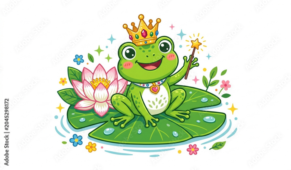 Fototapeta premium Adorable Cartoon Frog Prince on Lotus Pad with Golden Crown Vector Character