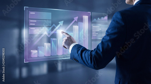 Obraz na płótnie Business man analyzing financial growth chart on futuristic screen