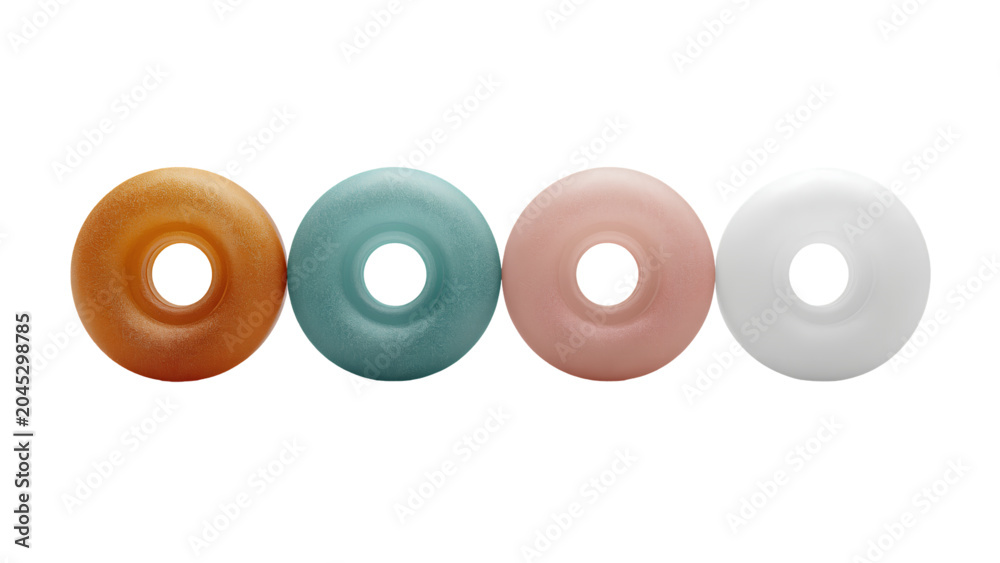 Fototapeta premium Four colorful donuts side by side on white