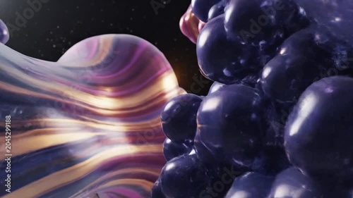 Abstract colorful flowing shapes against a dark cosmic background