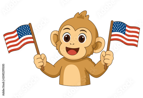 Happy Monkey Holding American Flags for Independence Day Celebration Vector