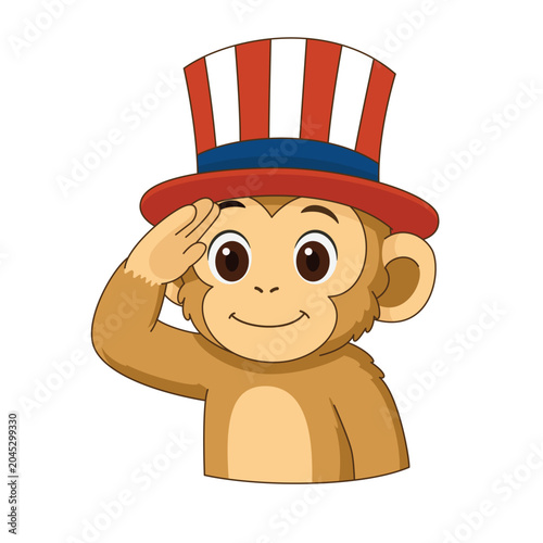 Cute Patriotic Monkey Saluting with Uncle Sam Hat for Fourth of July Vector Illustration