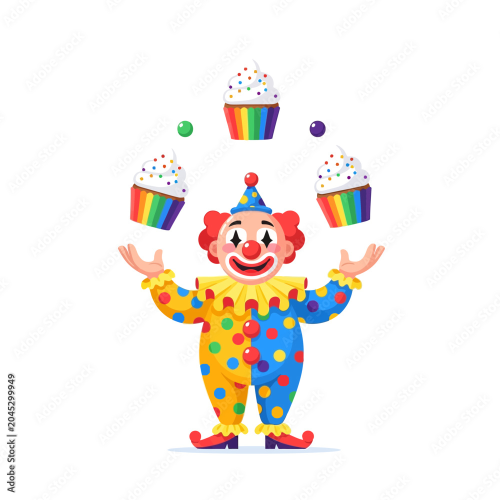 Naklejka premium Happy Clown Juggling Rainbow Cupcakes and Balls