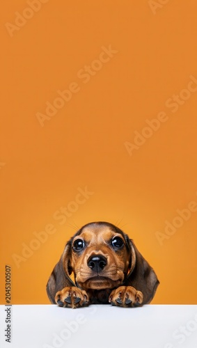 adorable dachshund puppy peeking over white surface on warm orange background