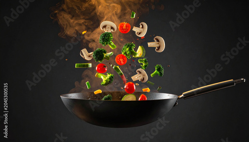 Stir-fry Sensation: A vibrant mix of fresh vegetables, including broccoli, mushrooms, and cherry tomatoes, tumbles and dances in a wok, releasing fragrant steam, embodying the art of dynamic cooking.