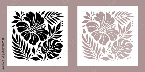 Tropical Hibiscus Flower Vector Illustration With Monstera And Palm Leaf Stencil