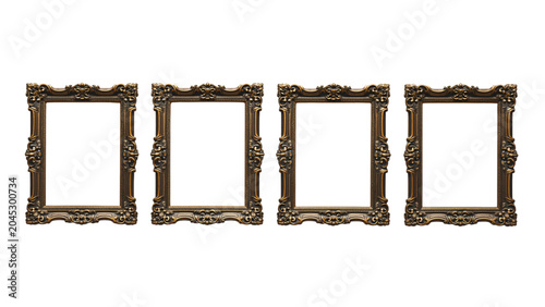 Four empty ornate frames side by side on white background