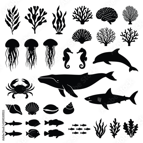 Black silhouettes of sea creatures and plants.
