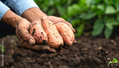 Harvested Sweet Potato: Hands gently cradle freshly dug sweet potatoes, showcasing the bounty of the soil and the rewarding results of agriculture.