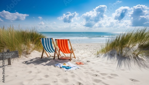 Two colorful striped deck chairs on pristine white sandy beach with ocean view under blue sky