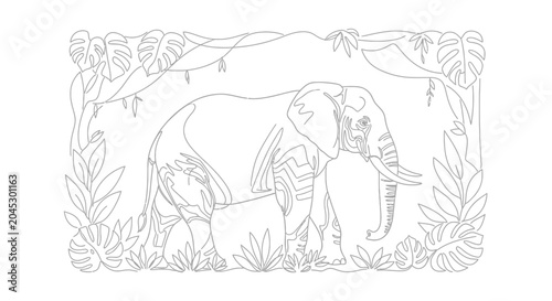 Photography Elephant Line Art Illustration in Jungle Frame