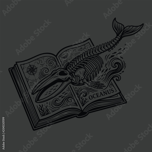 Mermaid skeleton on an open book.