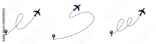 graphic illustration featuring three airplanes with dotted travel routes originating from map pins, symbolizing journey and destination concept.