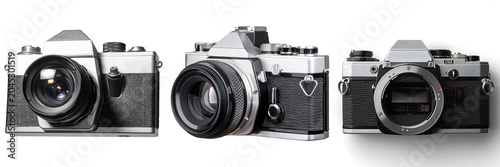 Tableau sur toile three vintage 35mm film cameras, meticulously photographed from different angles on a clean white background, showcasing classic photography