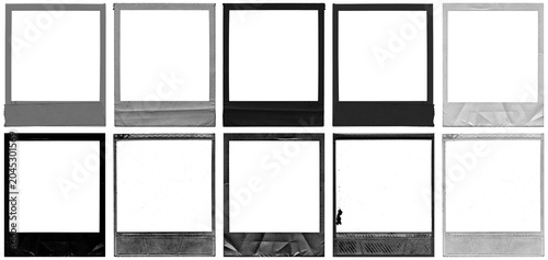 set of instant polaroid photo frames, some blank and others filled with pixelated texture, symbolizing memory and digital transition.