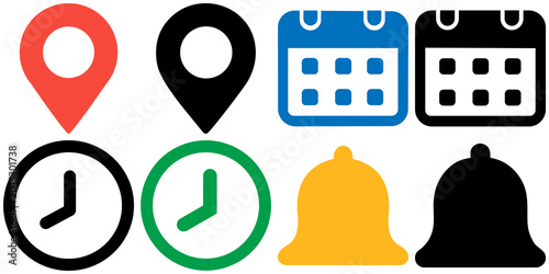 essential modern digital user interface icons, a comprehensive collection of location, calendar, clock, and bell symbols, isolated.