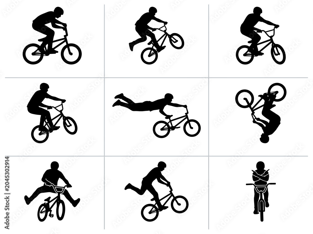 Naklejka premium BMX bike stunts silhouette icons on a white background, vector illustration