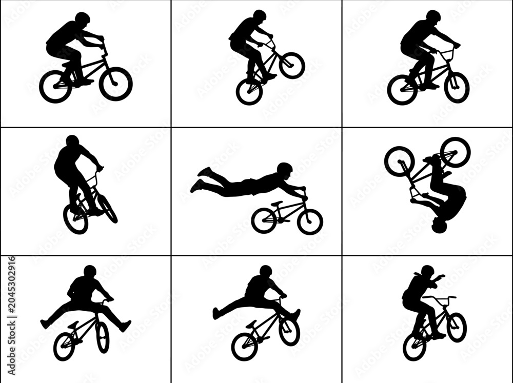 Naklejka premium Collection of BMX bicycle stunt rider silhouettes in action on a white background