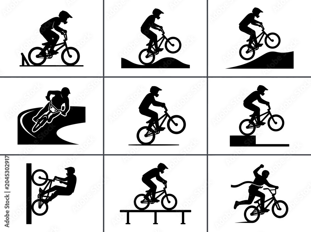 Naklejka premium A flat vector icon pack of BMX freestyle riders performing stunts and tricks