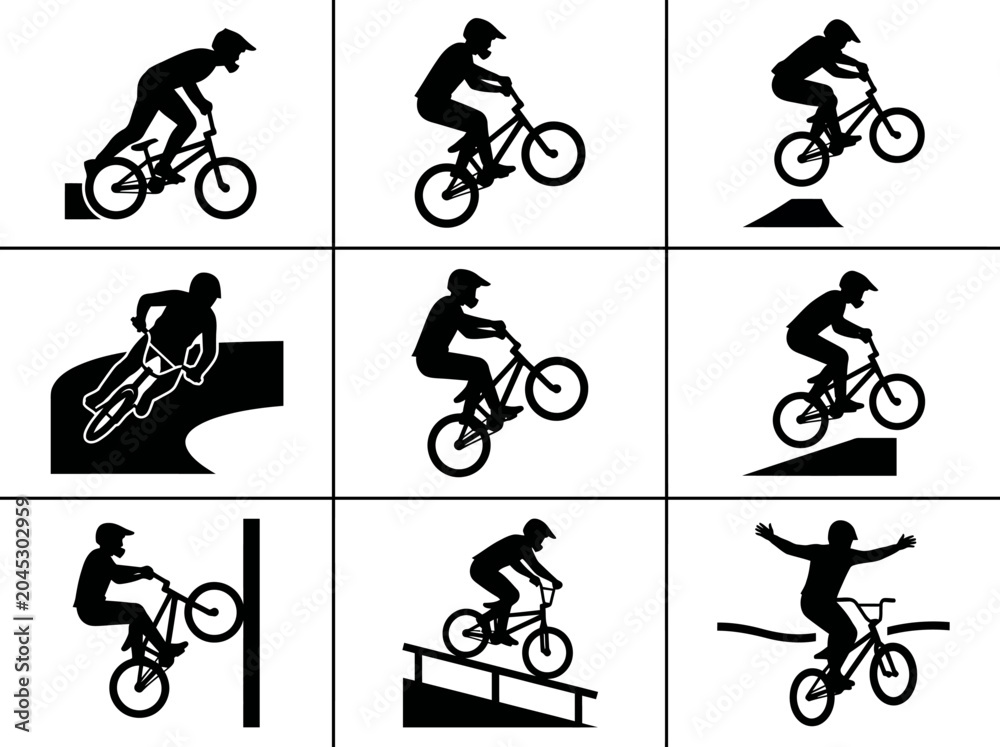 Naklejka premium BMX bike tricks flat vector icons silhouette collection