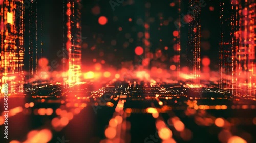 A vibrant abstract image showcasing a network of lights and bokeh effects in red and orange hues