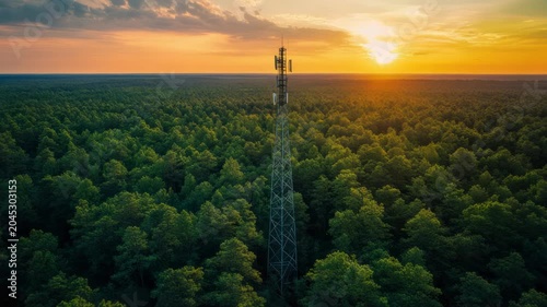 Aerial view of a forest with a communications tower, lit by sunset