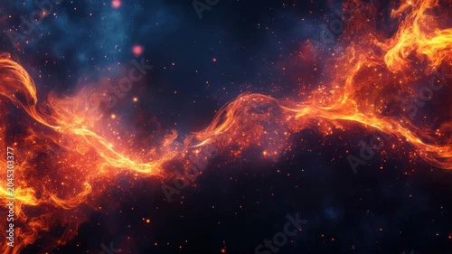 A vibrant nebula with swirling fiery energy, red and orange hues against a dark blue cosmic backdrop