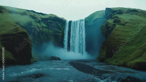 Dramatic waterfall cascades amidst verdant, moss-covered cliffs, with a river flowing at the base