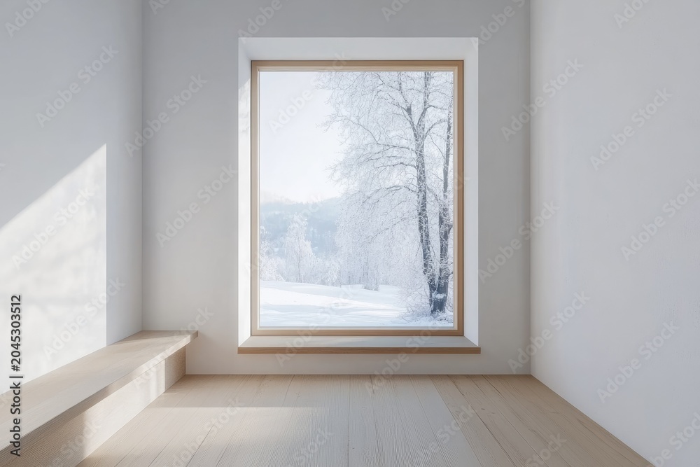 Fototapeta premium Cozy Winter Scene Through a Large Window in a Minimalist Room.