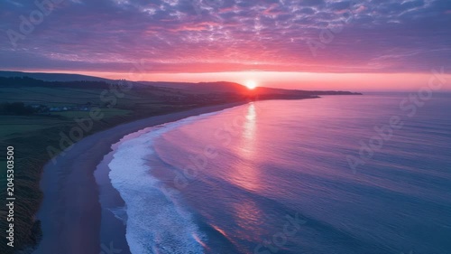 Aerial view of a stunning pink and purple sunrise over a calm ocean