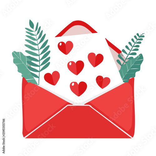 Red envelope with hearts and leaves, flat design