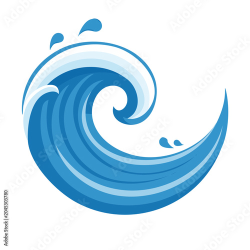 Stylized blue wave with splashes on white background