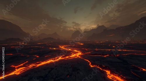 dramatic volcanic battlefield with molten lava cracks at dusk