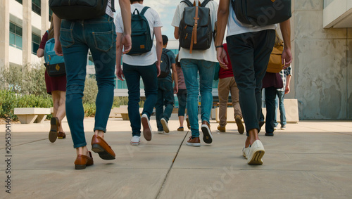 Diverse group of students walking away from camera on college campus