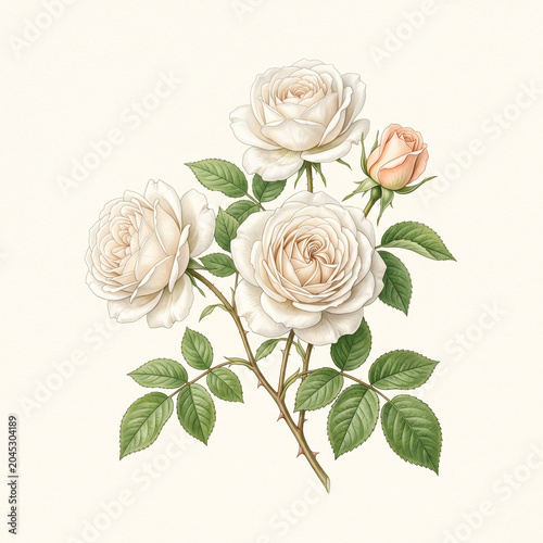 Soft-toned garden rose illustration with detailed petals and foliage, creating a timeless and sophisticated look.