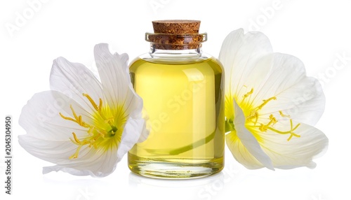 A small glass bottle filled with golden liquid, flanked by two delicate white flowers with yellow centers on a clean white backdrop