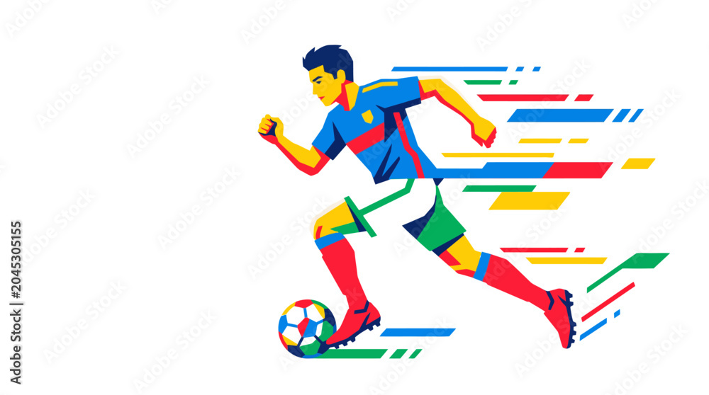 Fototapeta premium Soccer player sprinting and dribbling ball vector illustration. Fast football athlete running with speed lines in colorful geometric flat design isolated on white background.