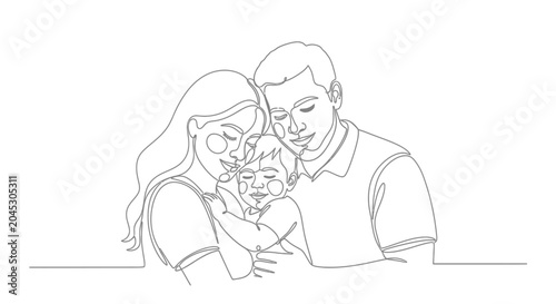 Continuous Line Drawing of a Loving Family: Parents Embracing Baby