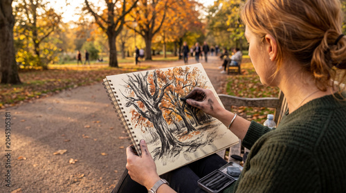Artist sketching autumn trees in a park with charcoal on paper