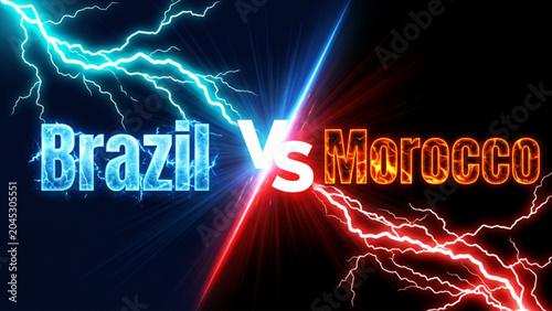 Photos Brazil vs Morocco competitive sports graphic featuring contrasting blue and orange electric lightning strikes symbolizing high energy athletic tournament rivalry and confrontation