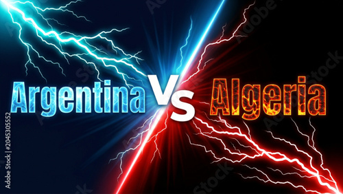 Canvas Print Argentina vs Algeria competitive sports graphic with split screen electric lightning effects showcasing intense athletic rivalry for international tournament match promotion