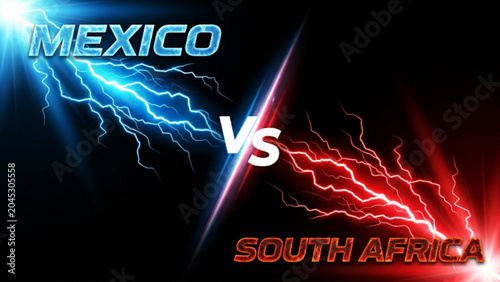 Photography Mexico vs South Africa competitive sports graphic with dynamic blue and orange lightning bolt energy effects representing intense rivalry and high stakes championship event atmosphere