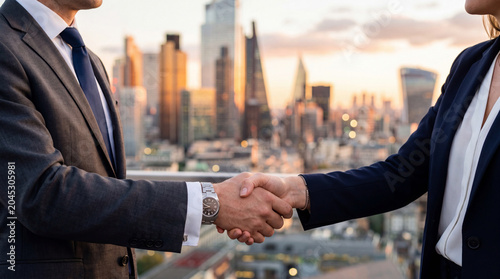Business handshake on a rooftop with city skyline at sunset