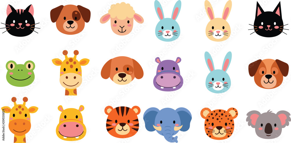 Obraz premium Cute Animal Faces Cartoon Collection with Cat, Dog, Rabbit, Giraffe, Elephant, Tiger, Koala, and More Vector Illustration Set for Kids and Nursery Design