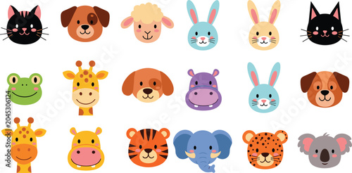 Cute Animal Faces Cartoon Collection with Cat, Dog, Rabbit, Giraffe, Elephant, Tiger, Koala, and More Vector Illustration Set for Kids and Nursery Design