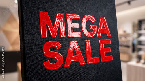 Mega Sale Sign with Red Glossy Letters on Black Textured Background