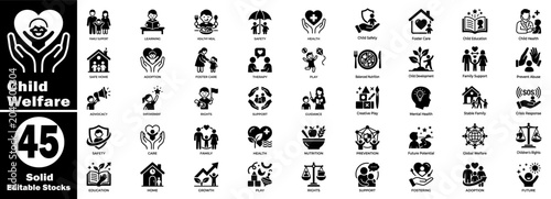 Child welfare solid icons in a grid layout. Featuring concepts such as family support, learning, and safety vector illustration..