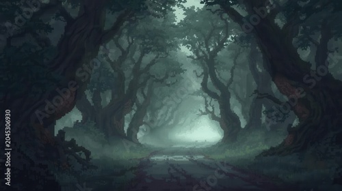 mystical foggy forest path with twisted trees in dark fantasy setting