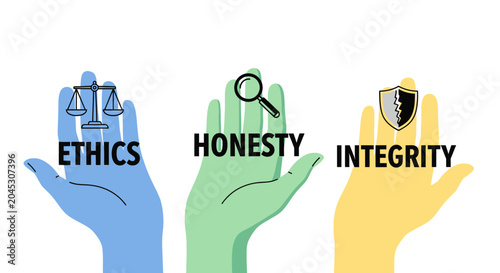 Photos Conceptual illustration of ethics, honesty, and integrity featuring hands with symbols like scales, magnifying glass, and shield, representing professional values and corporate responsibility