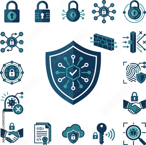 Digital security and protection concept icons set representing cybersecurity and data safety